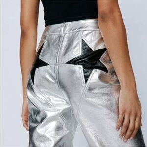 Nasty Gal Metallic High Rise Black Star Bum Flare Vegan Leather Pants US 2 UK 6